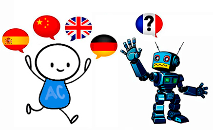 Ilustración de un puente conectando dos mundos culturales con símbolos de tecnología y traducción
